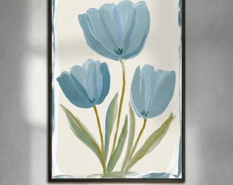Pintura acrílica original de tulipanes azules, arte mural floral suave, lienzo botánico minimalista.