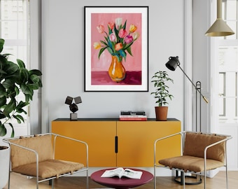 Colorful Tulip Bouquet Acrylic Painting, Modern Floral Still Life Wall Art, Vibrant Pink Flower Canvas Art, Original Hand Painted Home Decor