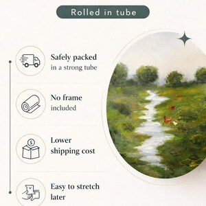 May include: An advertisement for rolled artwork, featuring a landscape painting with a stream. Text includes "SHIPPING OPTION 2" and details about safe packaging, no frame, lower shipping cost, and easy stretching.