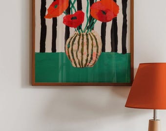Original Oil Painting Red Poppies, Bold Floral Wall Art, Retro Stripe Canvas
