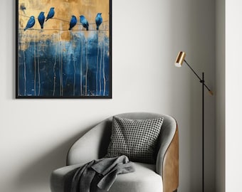 Original Blaue Vögel Acrylgemälde, Marine-Gold Abstrakte Leinwand-Wandkunst