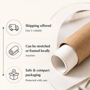 May include: Image promoting shipping option 1, safely rolled. Text includes "Shipping offered, fast & reliable", "Can be stretched or framed locally, anytime", and "Safe & compact packaging, protected with care". A rolled canvas is visible.