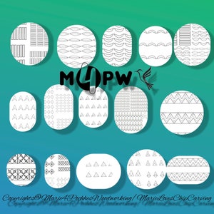 Peut inclure: Un ensemble de 12 motifs géométriques noirs et blancs en cercles. Les motifs comprennent des rayures, des vagues, des triangles et des diamants. Les motifs sont disposés en grille avec le texte "MOPW" au centre.