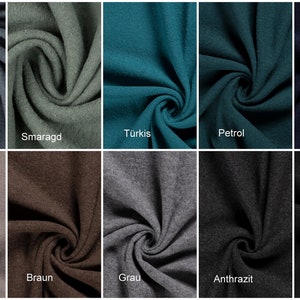 May include: A fabric swatch color chart with 10 different colors: smoke blue, emerald green, turquoise, petrol, dark blue, taupe, brown, gray, anthracite, and black.