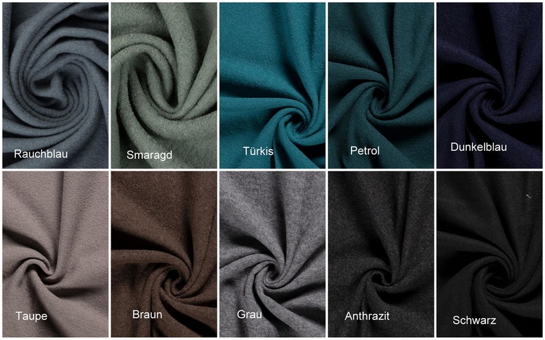 May include: A fabric swatch color chart with 10 different colors: smoke blue, emerald green, turquoise, petrol, dark blue, taupe, brown, gray, anthracite, and black.