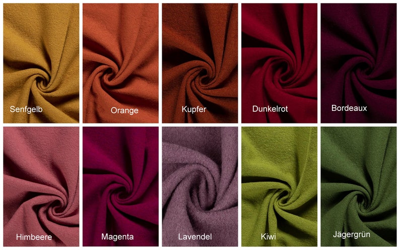 May include: A swatch card showing ten different fabric colors. The colors are mustard yellow, orange, copper, dark red, burgundy, pink, magenta, lavender, kiwi green, and hunter green.