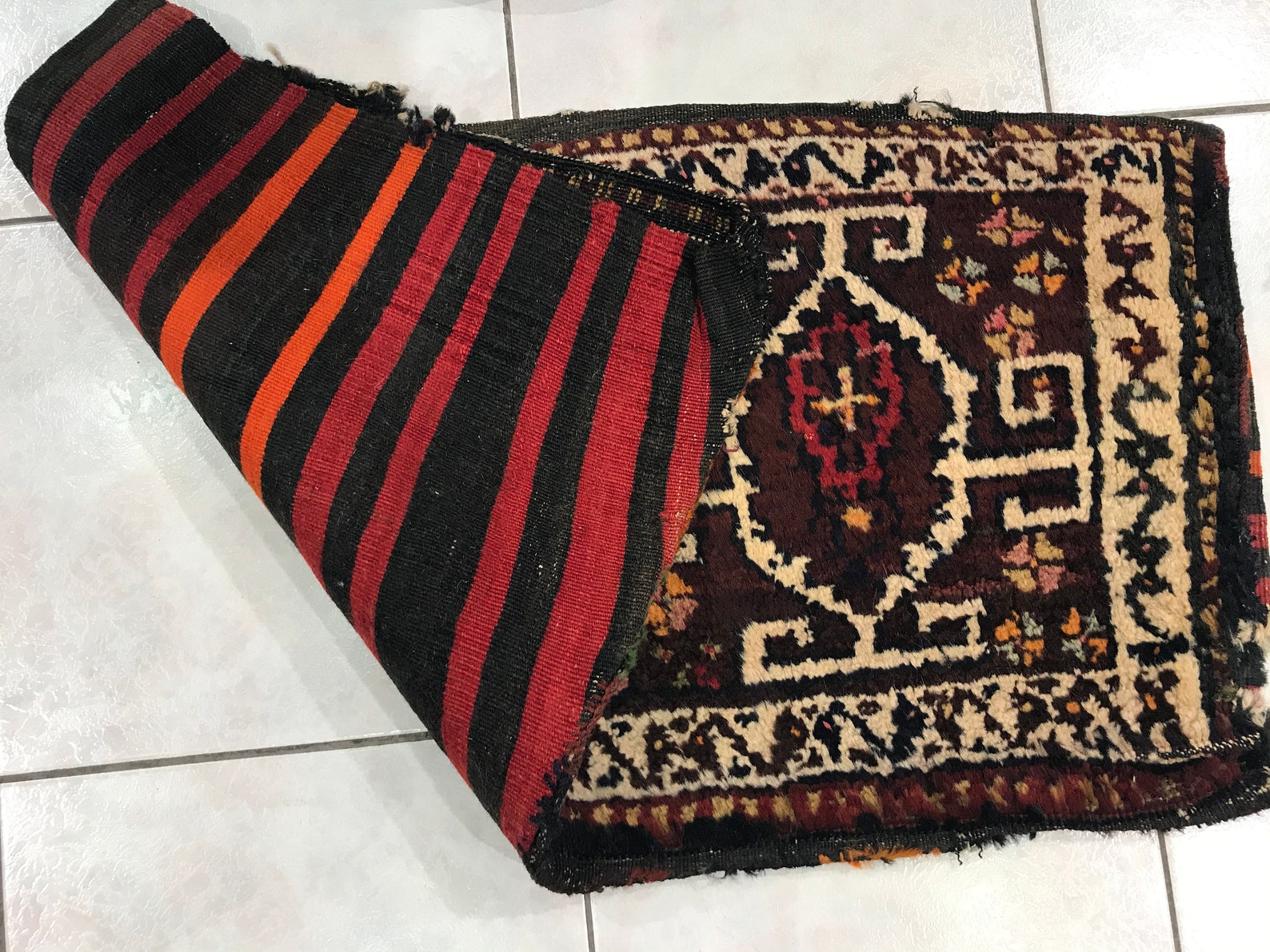 Oriental Bath Mat, 17.71x33.85 Inch, Small Vintage Rug, Handknotted Rug