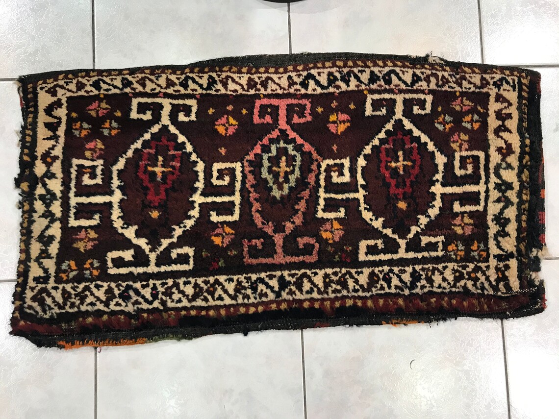 Oriental Bath Mat, 17.71x33.85 Inch, Small Vintage Rug, Handknotted Rug