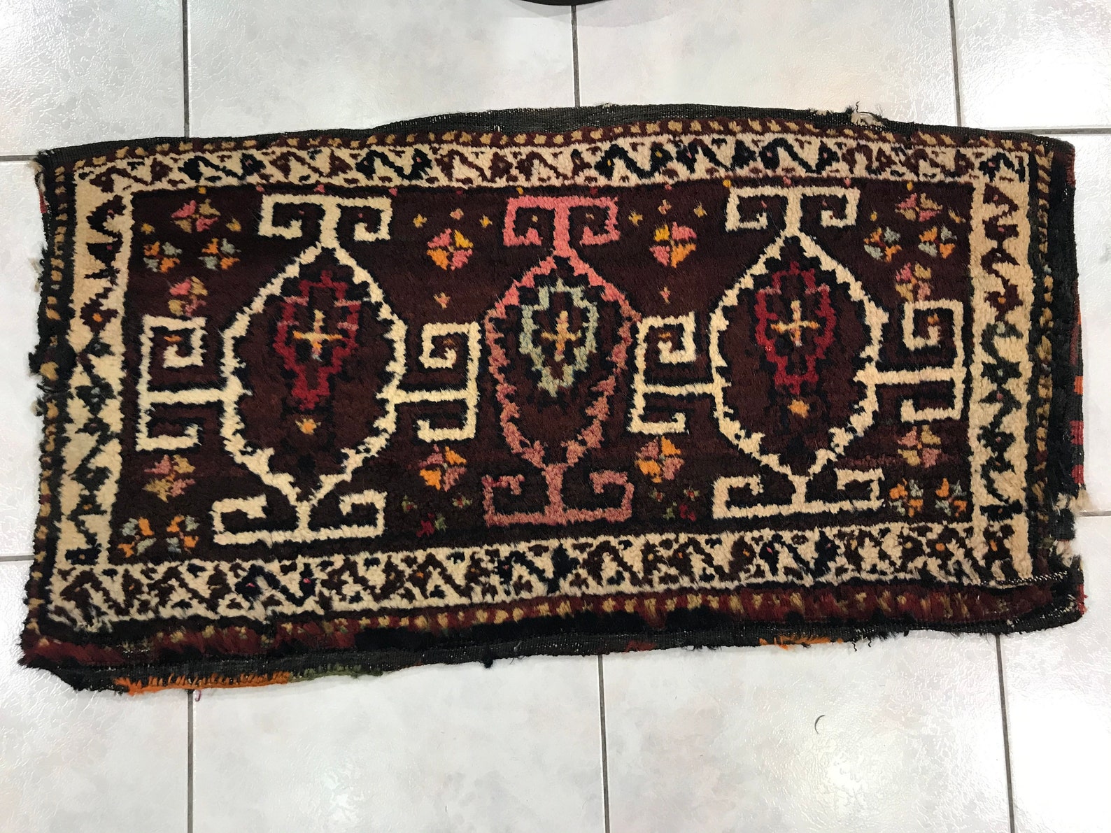 Oriental Bath Mat, 17.71x33.85 Inch, Small Vintage Rug, Handknotted Rug