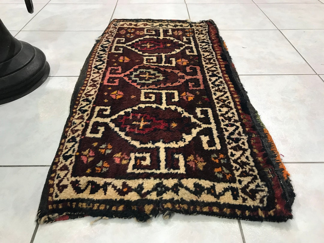 Oriental Bath Mat, 17.71x33.85 Inch, Small Vintage Rug, Handknotted Rug