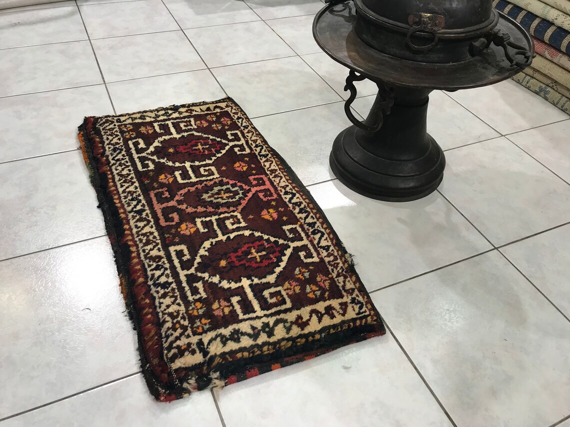 Oriental Bath Mat, 17.71x33.85 Inch, Small Vintage Rug, Handknotted Rug