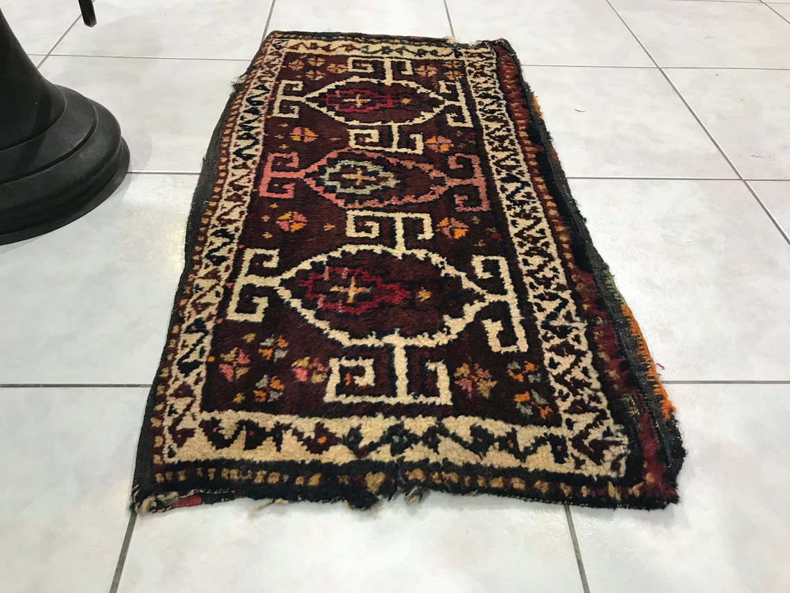 Oriental Bath Mat, 17.71x33.85 Inch, Small Vintage Rug, Handknotted Rug