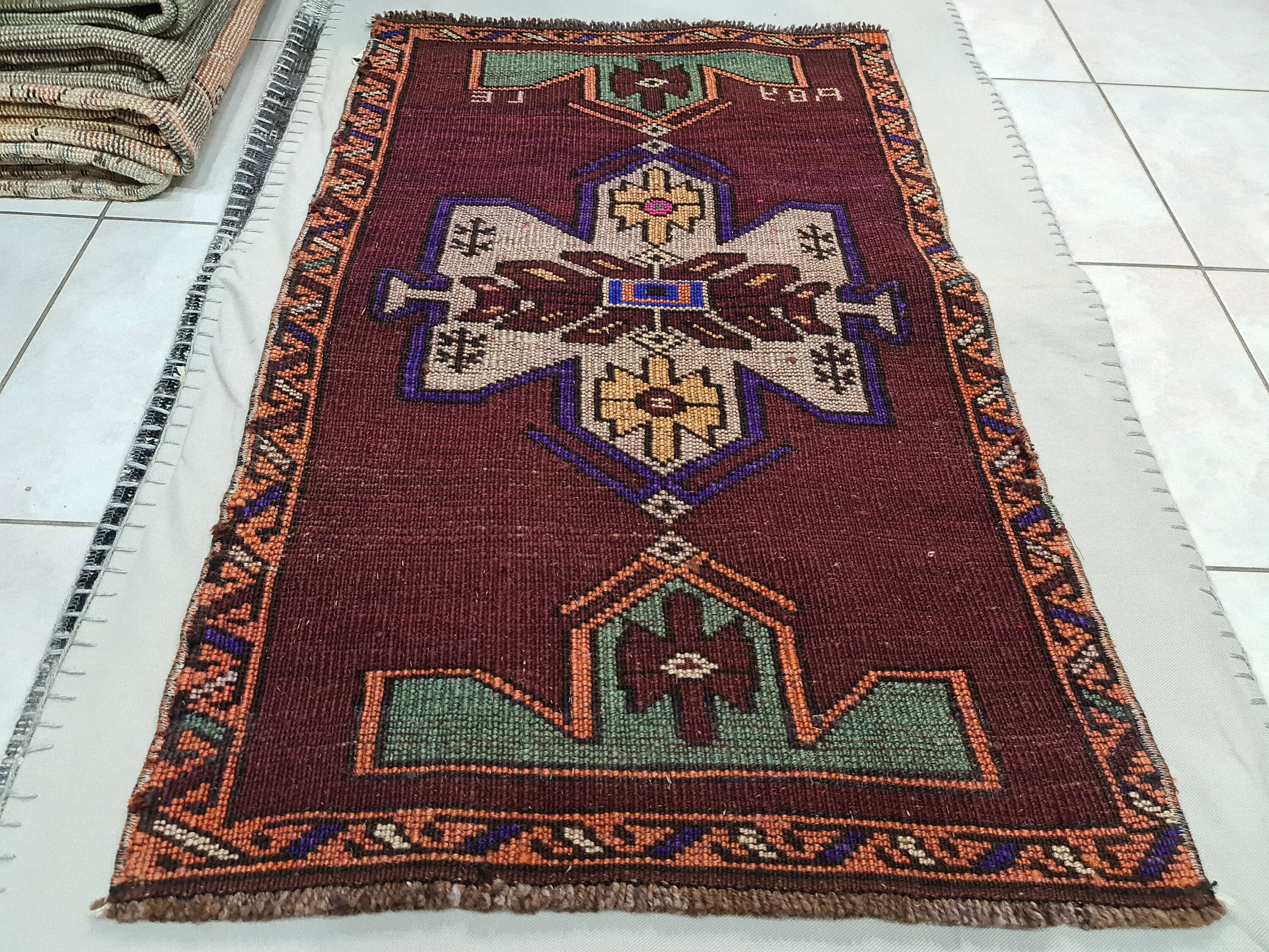18x35 hand knotted, wool on wool, vintage Turkish mini rug