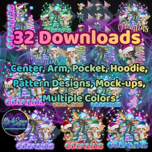 May include: A digital design featuring Gremlins characters, with text that reads "32 Downloads" and "Center, Arm, Pocket, Hoodie, Pattern Designs, Mock-ups, Multiple Colors". The design has a neon colour scheme and is suitable for various applications.