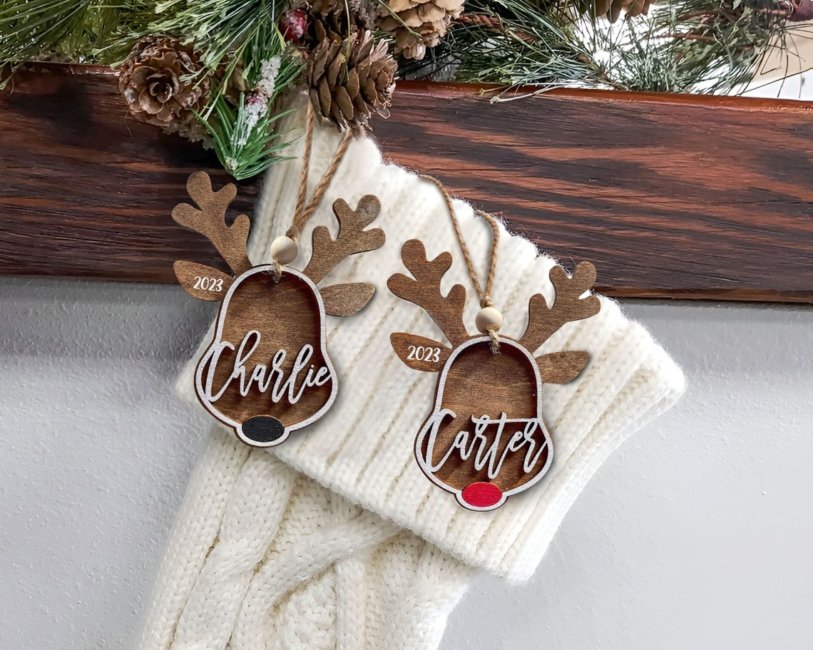 Red Nosed Reindeer Personalized Wood Christmas Stocking Tags