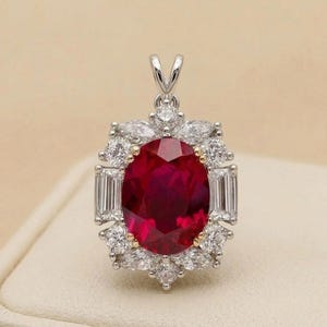 Lab Grown Ruby Oval Cut Charm Pendant, 925 Sterling Silver Round Cut Moissanite Diamond.