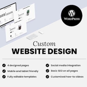Könnte beinhalten: Ein weißer Hintergrund mit einem schwarz-weißen WordPress-Logo. Der Text "Individuelle Website-Gestaltung" ist in fetter schwarzer Schrift. Unter dem Text befinden sich vier Häkchen mit Beschreibungen: 4 gestaltete Seiten, Mobil- und Tablet-freundlich, Vollständig editierbare Vorlagen, Integration von sozialen Medien, Grundlegendes SEO auf allen Seiten, Benutzerdefinierte Anleitungsvideos.