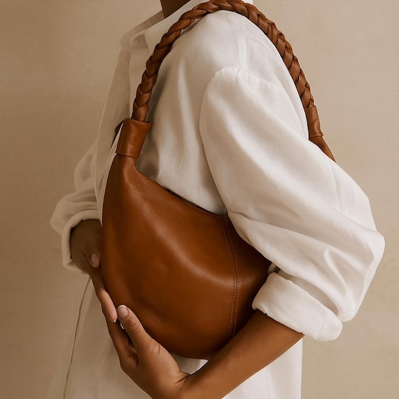 Tan Half Moon Leather Shoulder Bag – Handmade With Braided Handle 