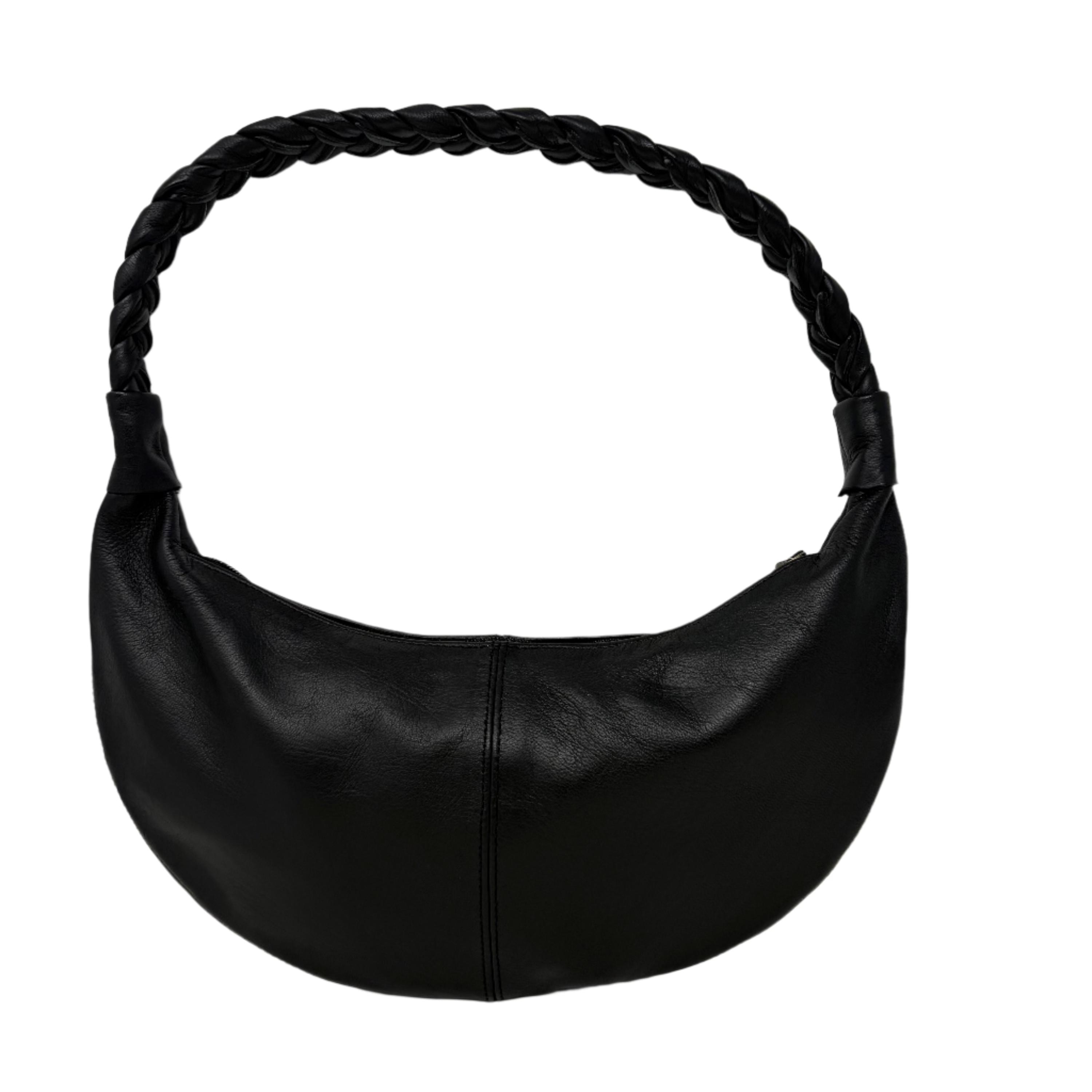 Black Half Moon Leather Shoulder Bag – Handmade With Braided 