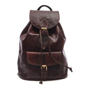 May include: A dark brown leather backpack with a flap closure and a front pocket. The backpack features a top handle, adjustable straps, and a drawstring closure. The buckle and stitching are in a lighter color, adding contrast to the bag.