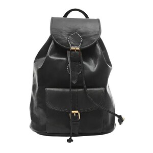 May include: Black leather backpack with a flap closure and a front pocket. The backpack features a drawstring closure and gold-colored metal hardware. White stitching accents the flap and straps. The bag has a top handle for carrying.