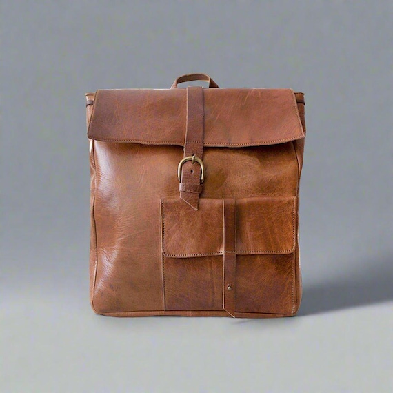 Square Leather Backpack Light Brown UK