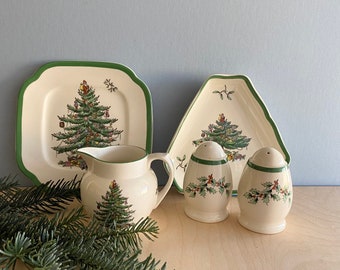vintage spode chirstmas tree green figural salt pepper shakers mib