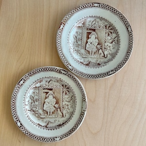 Little Mae and Pets Charles Allerton & Sons brown transferware children&#39;s tea set plates made late 1800s to early 1900s in England