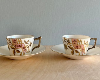 A Klingenberg Limoges Japonisme porcelain demitasse cups and saucers set of 2 1880s