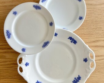Adderley Chelsea cake plate and 2 dessert plates with blue embossed pattern from England early 1900s