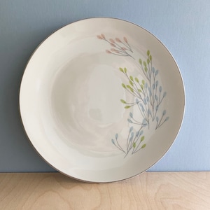 May include: A white ceramic dinner plate with a silver rim and a floral design in shades of blue, green, and pink.