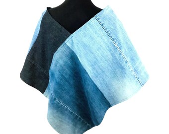 Simple Jeans Jacket Poncho Clothes Unique Jean Cape Raincoat Sturdy Poncho Handmade Patchwork Denim Poncho Upcycled