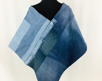 Simple Jeans Jacket Poncho Clothes Unique Jean Cape Raincoat Sturdy Poncho Handmade Patchwork Denim Poncho Upcycled
