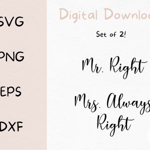 Set van 2 Paar SVG | Digitale bestanden | Huwelijk SVG | Bruiloft SVG | Paar Svg | De heer Right | Mevrouw altijd gelijk