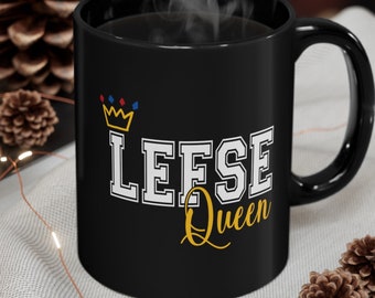 Lefse Queen Mug - Black Ceramic - Norwegian Flag Colors Red Blue White - Minnesota Gift