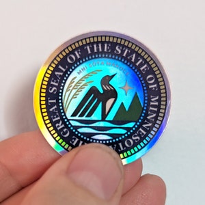 Minnesota State Seal Sticker with Loon - Holographic Vinyl with Rainbow Shimmer - 1.5 inch circle