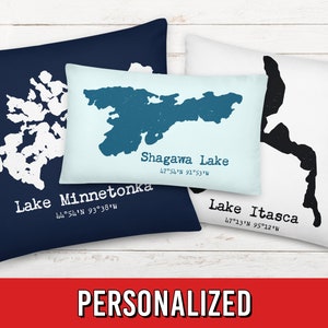 Almohada de lanzamiento de mapa de lago personalizado con coordenadas de longitud y latitud - Decoración de cabina
