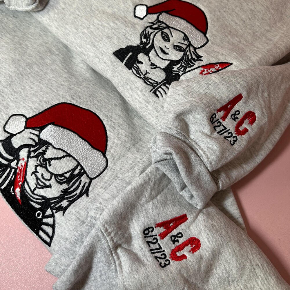 Chucky And Bride Png, Matching Sweatshirts For Couples, Horror Sweatshirt Embroidered, Christmas Horror Sweatshirt,Embroidered Sweatshirt Startees