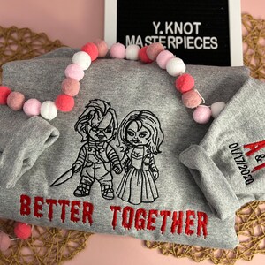 Embroidered Sweatshirt, Embroidered Anniversary Gift, Chucky And Bride PNG, Matching Sweatshirts For Couples, Horror Sweatshirt Embroidered