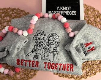 Embroidered Sweatshirt, Embroidered Anniversary Gift, Chucky And Bride PNG, Matching Sweatshirts For Couples, Horror Sweatshirt Embroidered
