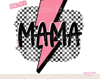 PNG SVG Mama Checkered Lightning Bolt // Checkered Pink Lightning Bolt Mama, Girl Mama, Girl Mom, Trendy Girl Mama Checkered PNG Designs