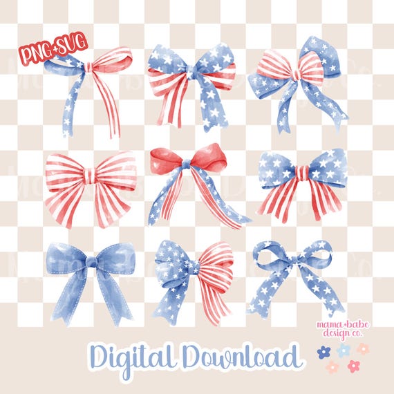 PNG SVG American Flag 4th Of July Bow Coquette // Trendy Preppy Fourth Of July Bows American Flag July 4th Bow Coquette Trendy 4th Of July
