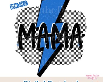 PNG SVG Mama Checkered Blue Lightning Bolt // Checkered Blue Lightning Bolt Mama, Boy Mama, Boy Mom, Trendy Boy Mama Checkered PNG Designs