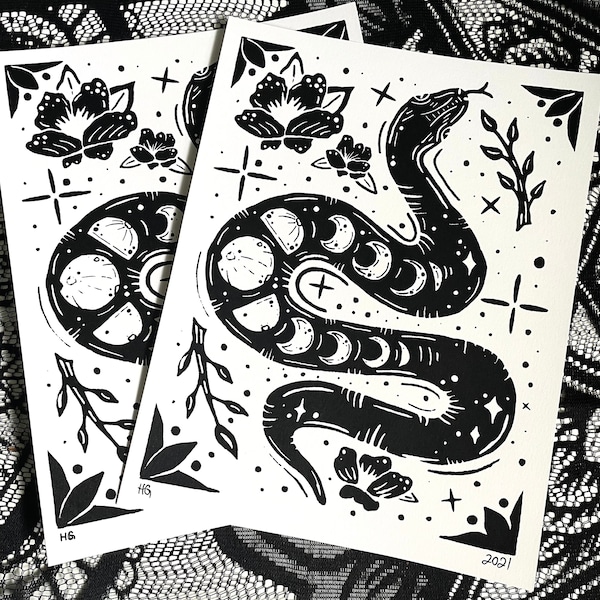 Lunar Phase Snake Print - Black and White // Snake Screenprint // Gothic Print