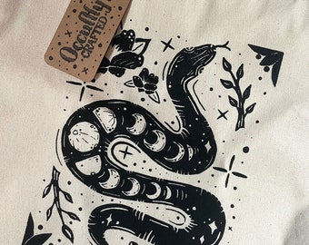 Lunar Phase Snake Cotton Tote Bag // Screenprint Totes // Gothic Tote