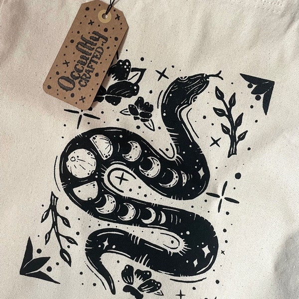 Lunar Phase Snake Cotton Tote Bag // Screenprint Totes // Gothic Tote