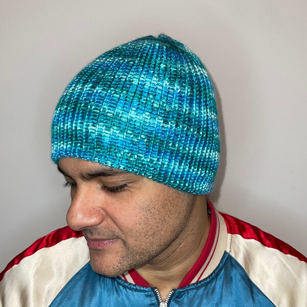 Handmade Knitted Beanie, Mens & Womens Knitted Hat, No/Low Brim, Unisex Fall/Winter/Spring Apparel, Bright Blue Green, FREE USA SHIPPING