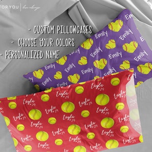 Customizable Pillowcase - Repeating Name with Softball Heart or Ball - All colors can be custom - Softball  Theme Room - Travel Pillow