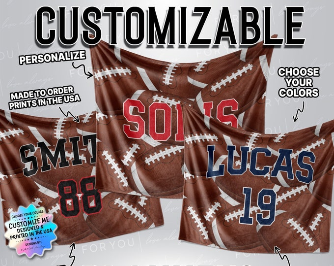 Football Pattern - Name Blanket Fully Personalized - Multiple Size and Styles - Gift for Football Players - Fan Gear - Team Gift