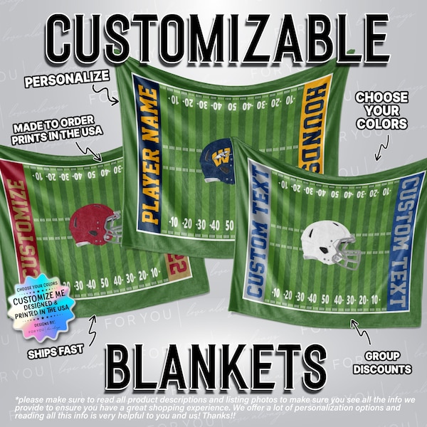 Football Field - Custom Colors and Name Personalized Blanket - Multiple Sizes and Styles - Football Players - End Season Team Senior Gift
